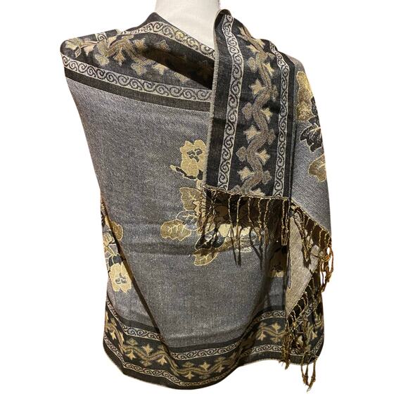 Floral Cejon scarf Large wrap scarf Charcoal Tan Neutrals Capsule Wardrobe - Picture 2 of 3